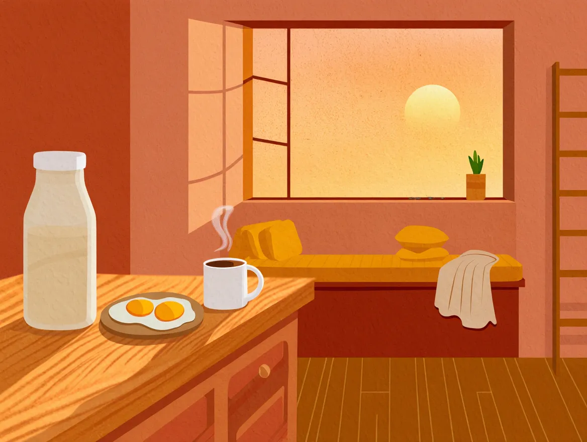 Illustration af morgenrutine med varme farvetoner og strukturerede elementer