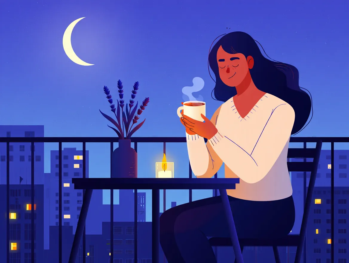 Illustration af aftenrutine med dybe blå toner og rolige elementer